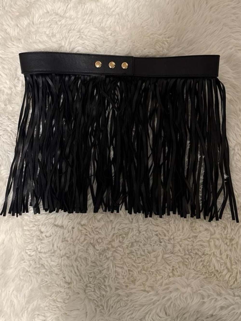 Black Faux Leather Fringe Tassel Belt Skirt Overlay with Gold Snaps